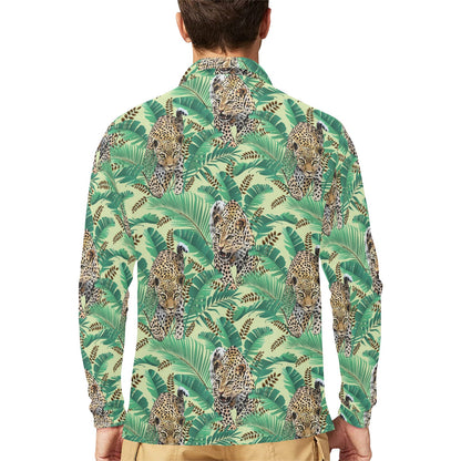 Leopard Pattern Print Design 03 Long Sleeve Polo Shirt For Men's