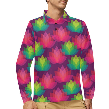 Lotus Pattern Print Design 02 Long Sleeve Polo Shirt For Men's