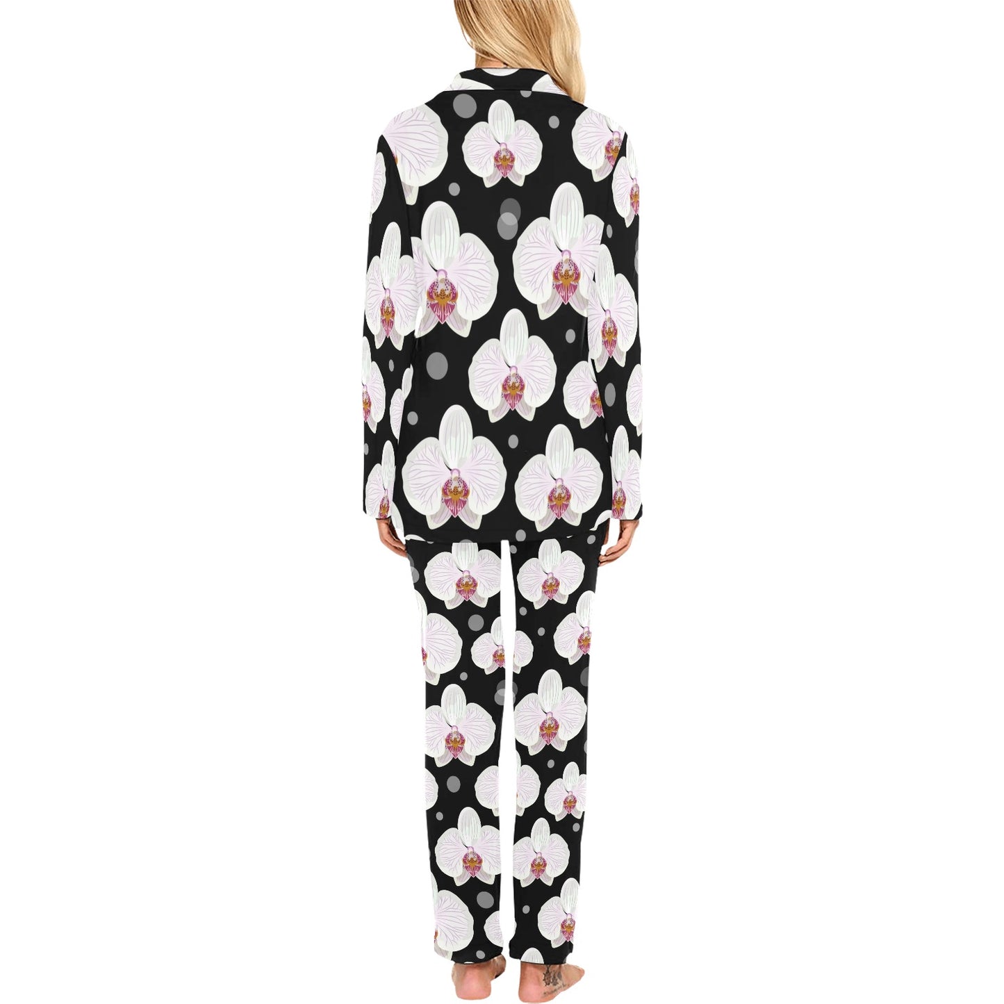 Orchid White Pattern Print Design OR09 Women's Long Pajama Set