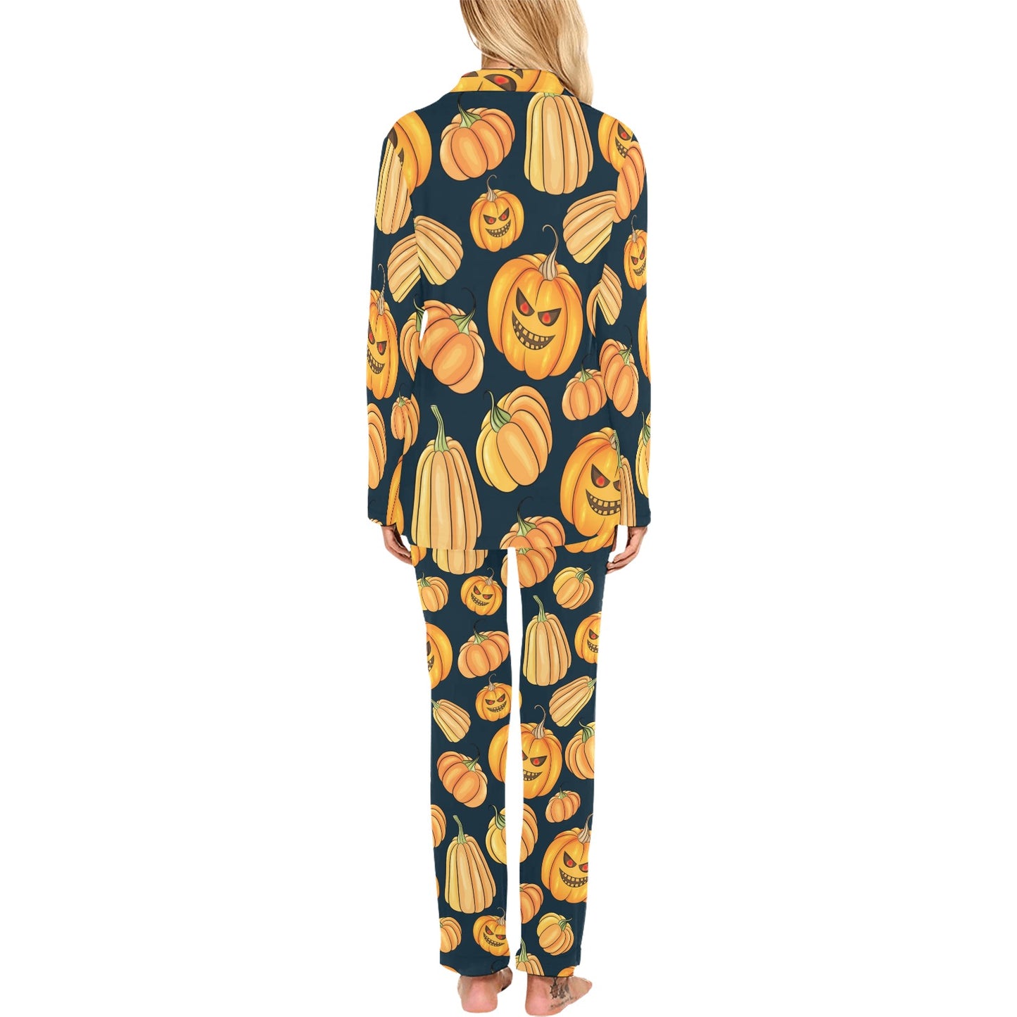 Pumpkin Halloween Pattern Print Design A04 Women's Long Pajama Set