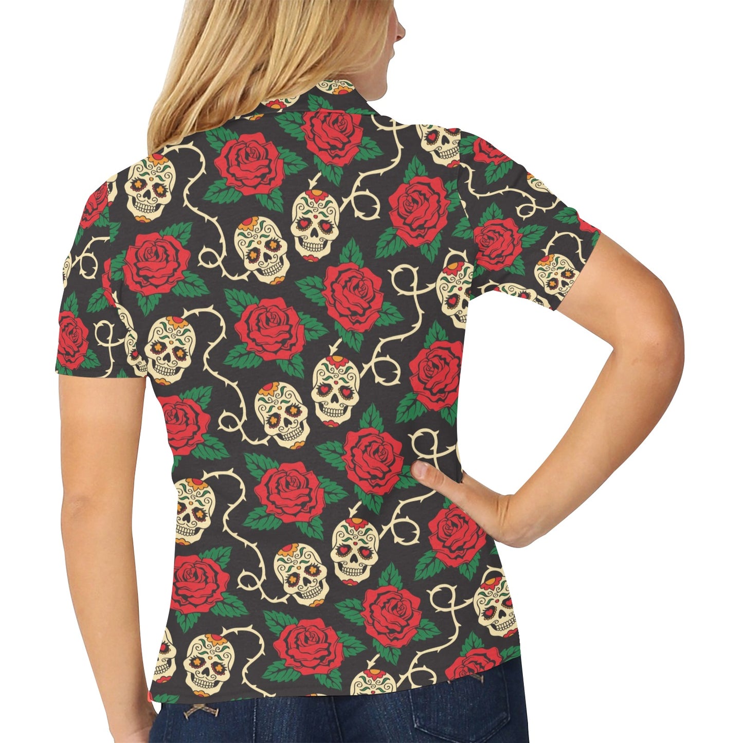 Sugar Skull Red Rose Print Design LKS301 Women's Polo Shirt
