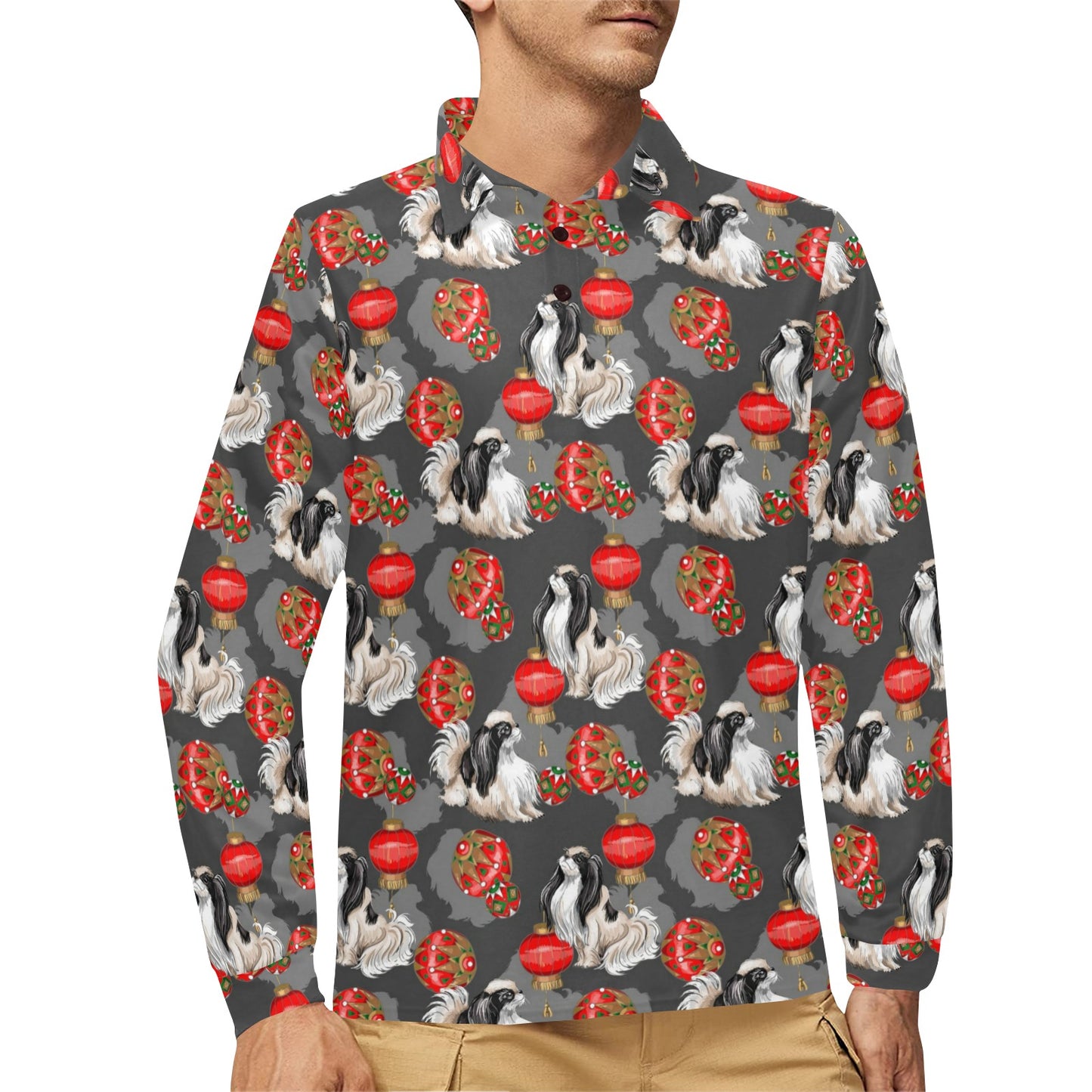 Japanese Chin Pattern Print Design 02 Long Sleeve Polo Shirt For Men's