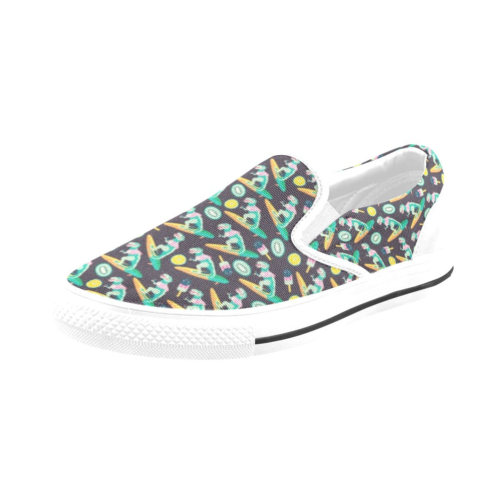 Surfboard T Rex Print Design LKS301 White Slip Ons Canvas Women's Shoes