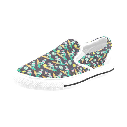 Surfboard T Rex Print Design LKS301 White Slip Ons Canvas Women's Shoes