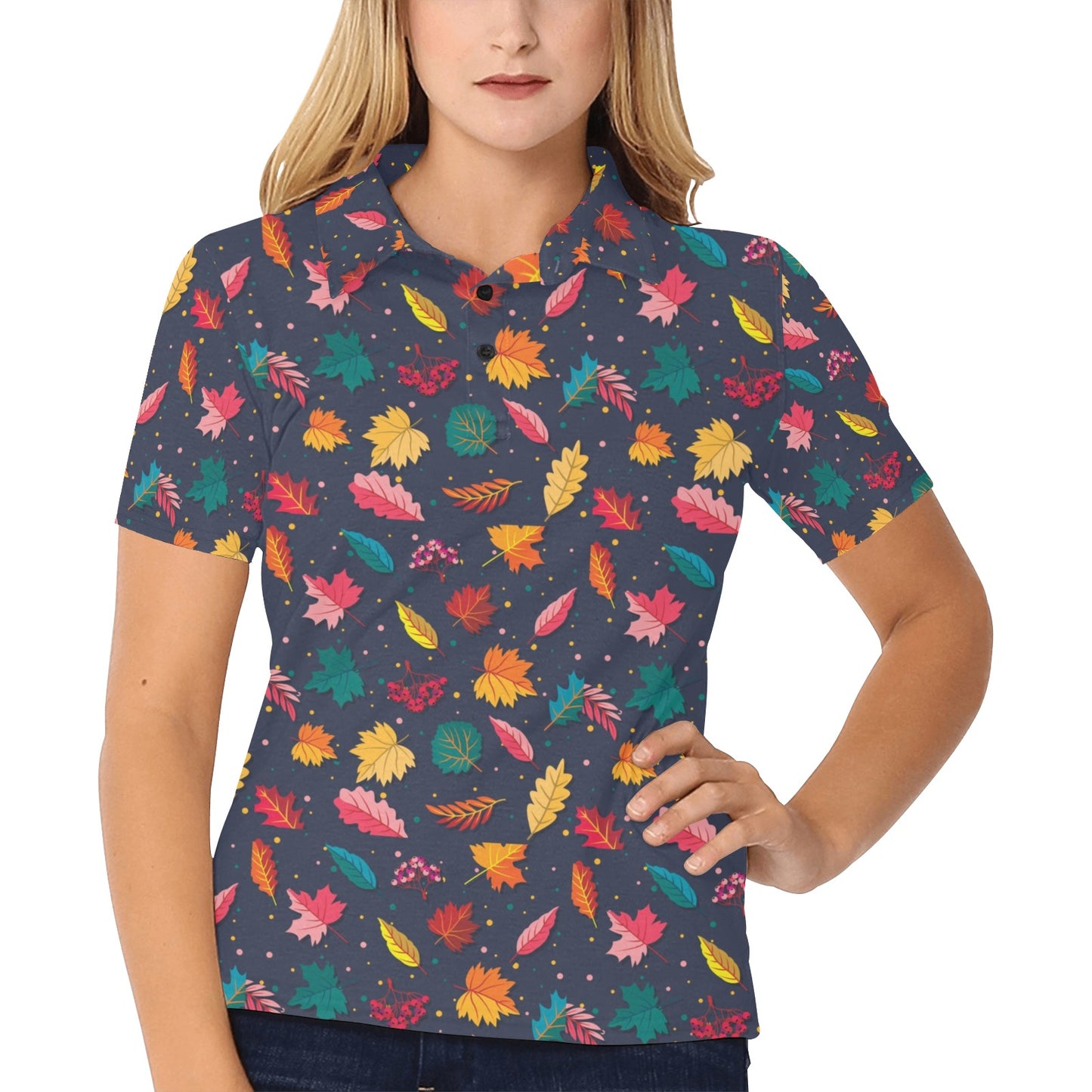 Elm Leave Colorful Print Pattern Women's Polo Shirt