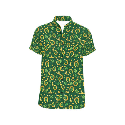 Shamrock Horse Shoes Saint Patrick's Day Print Design LKS307 Men Short Sleeve Button Up Shirt