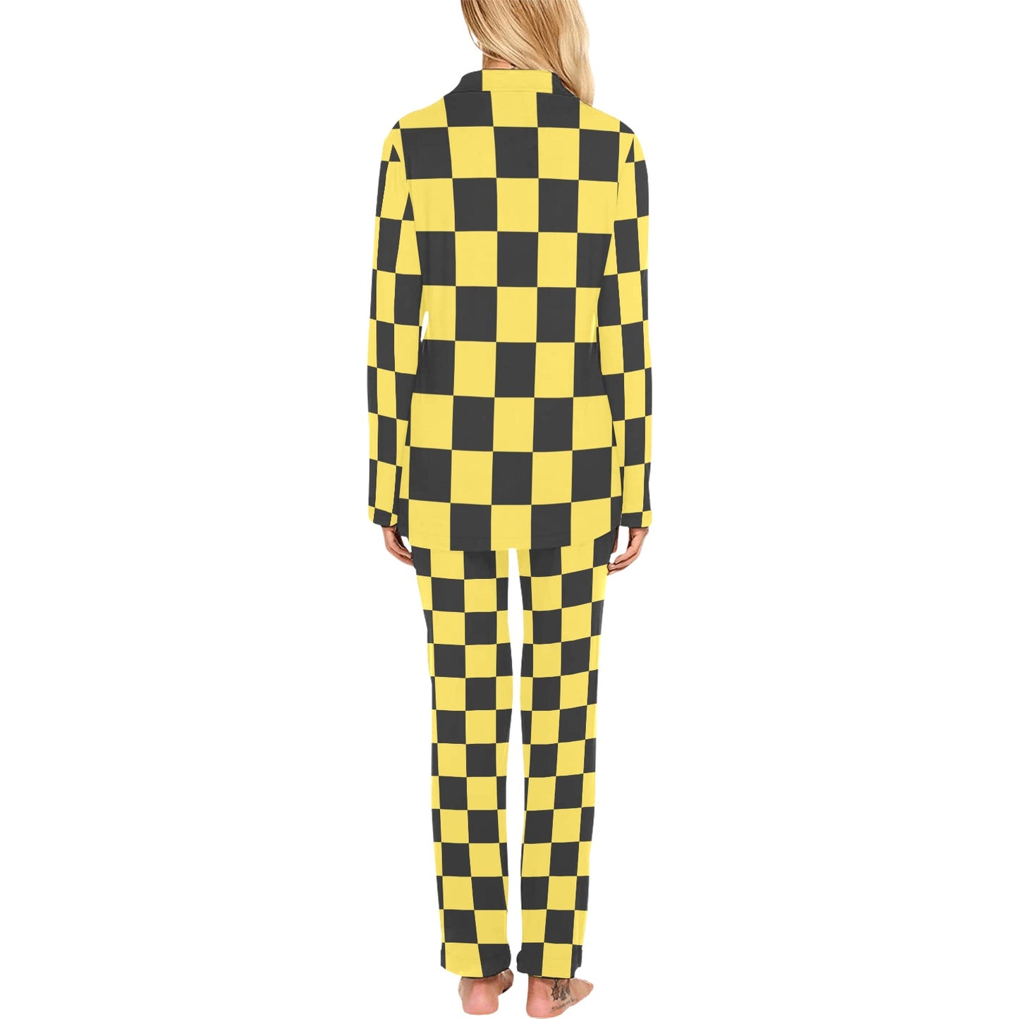 Checkered Yellow Pattern Print Design 03 Women's Long Pajama Set
