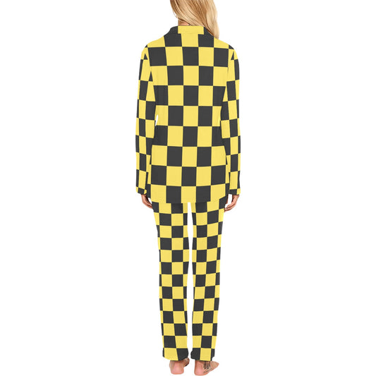 Checkered Yellow Pattern Print Design 03 Women's Long Pajama Set