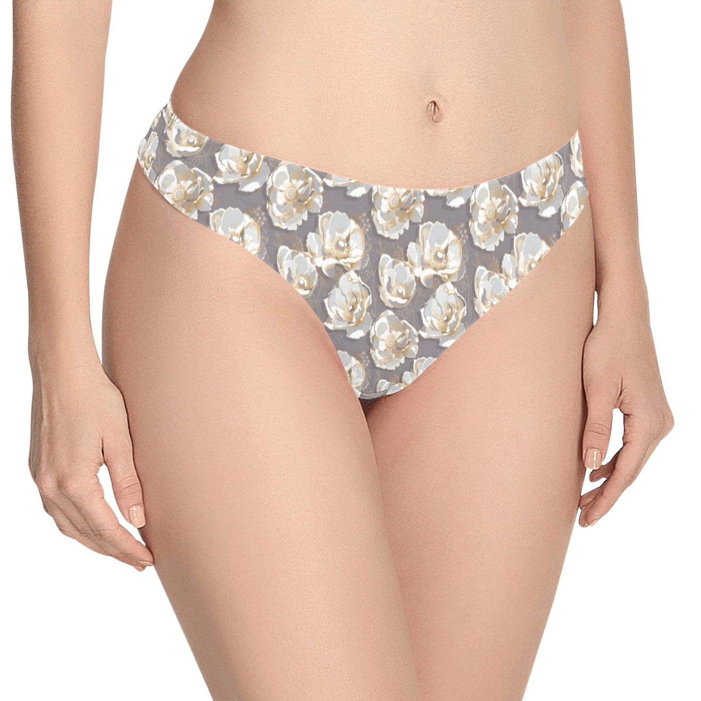 Elegant Grey Flower Print Women's Thongs