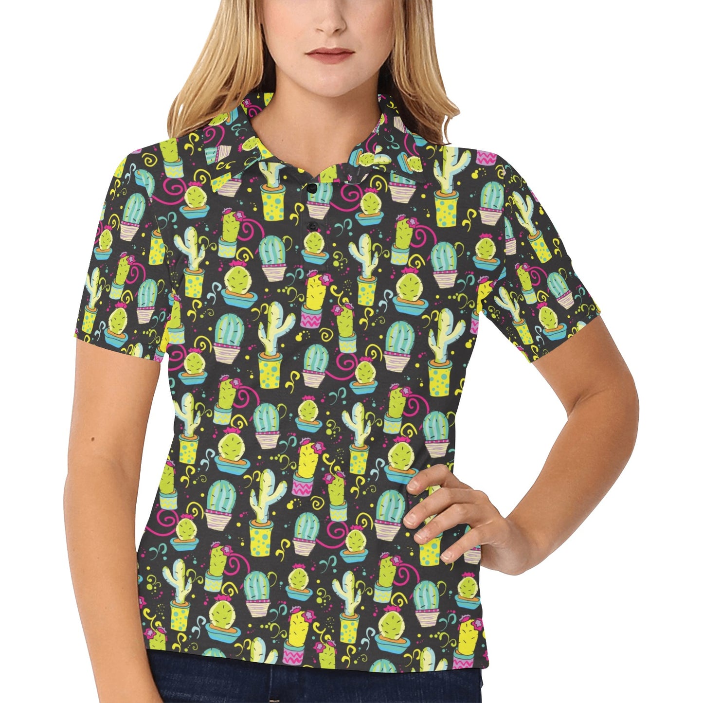 Cactus Neon Style Print Pattern Women's Polo Shirt