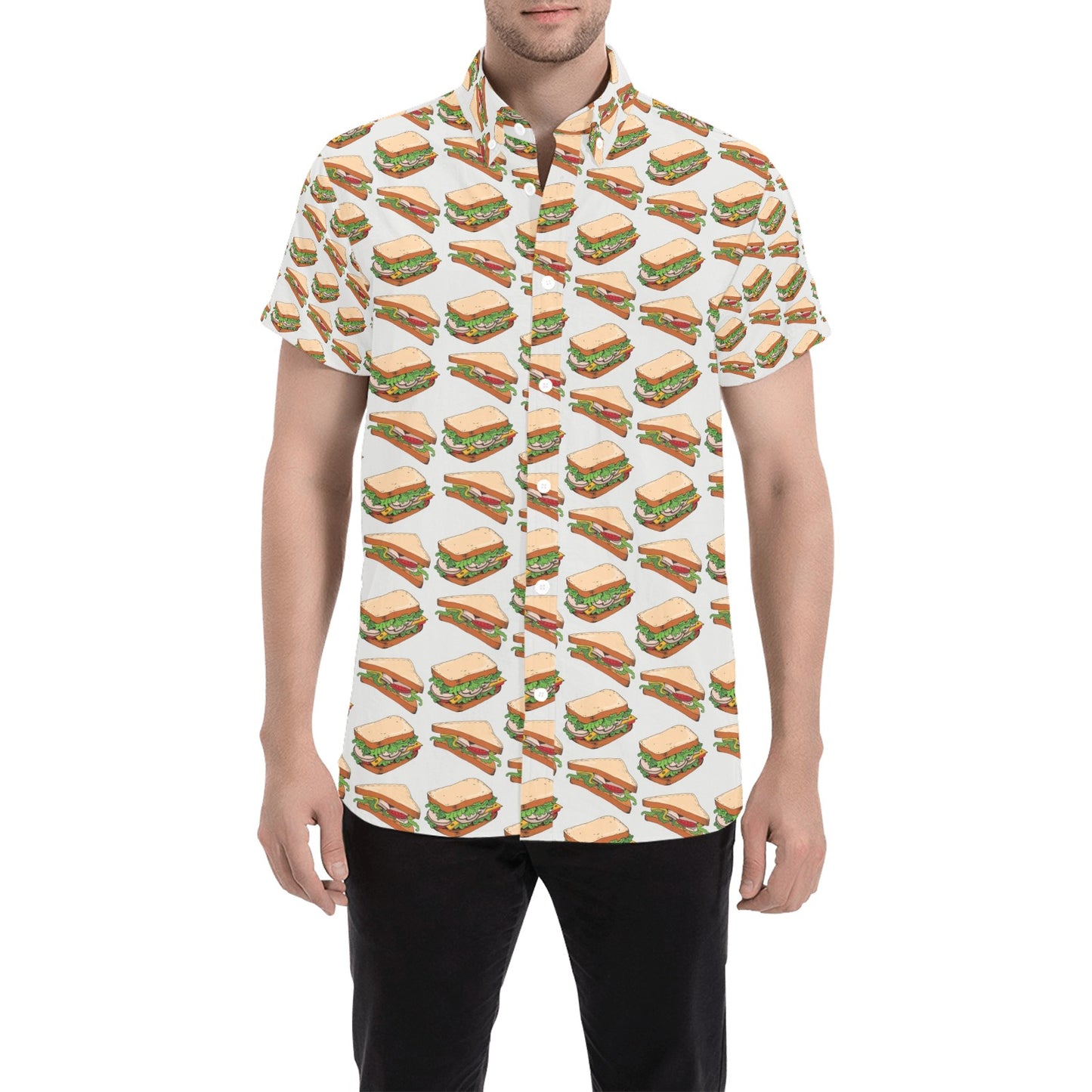 Sandwich Print Design LKS302 Men Short Sleeve Button Up Shirt