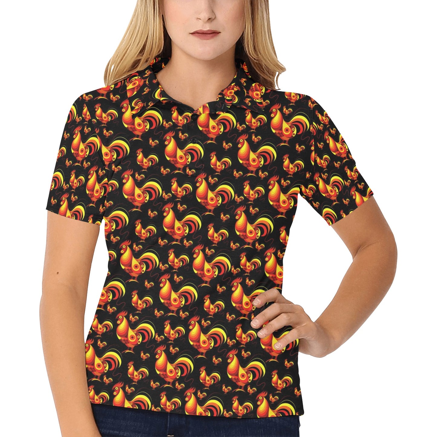 Rooster Print Themed Women's Polo Shirt