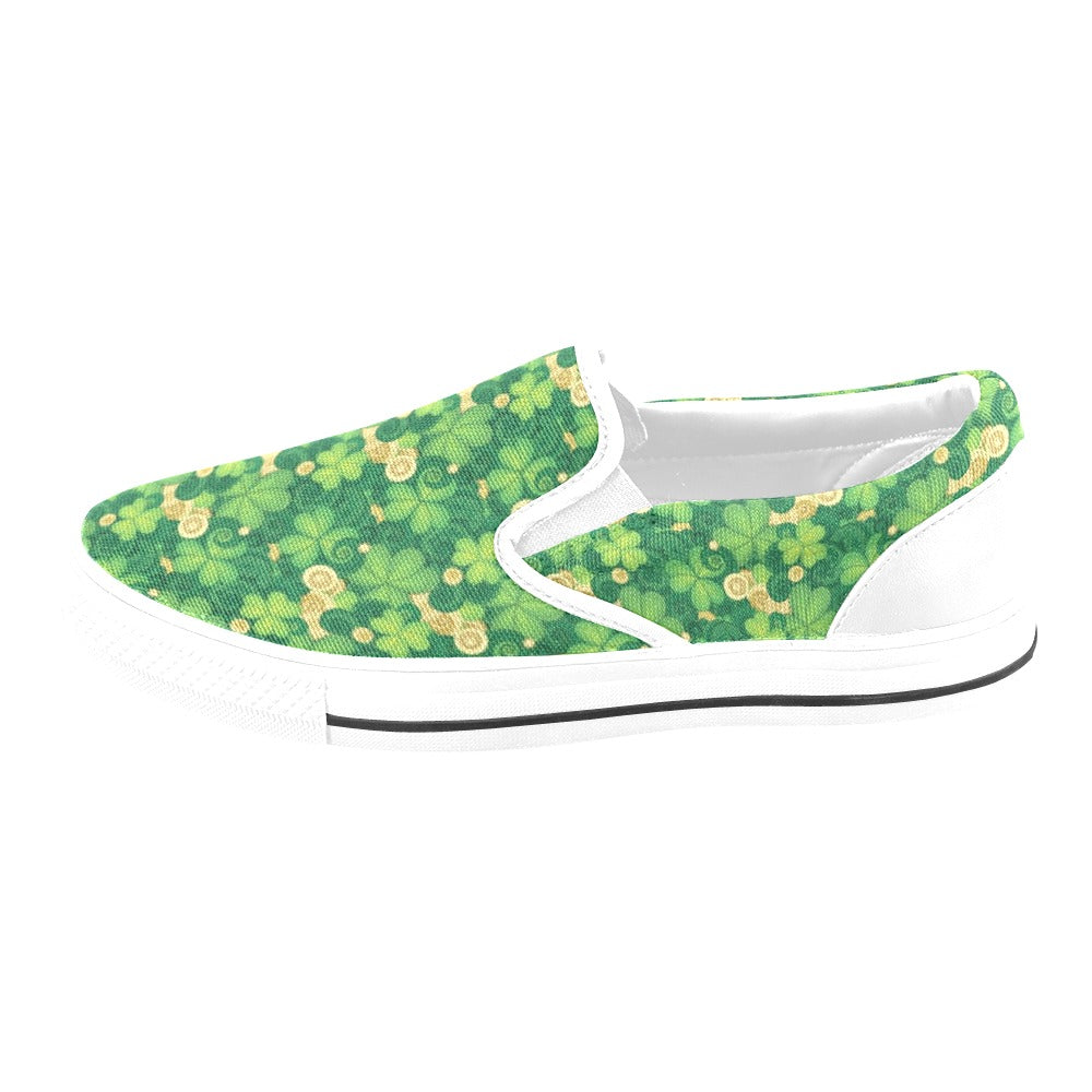 Shamrock Print Design LKS301 White Slip Ons Canvas Women's Shoes