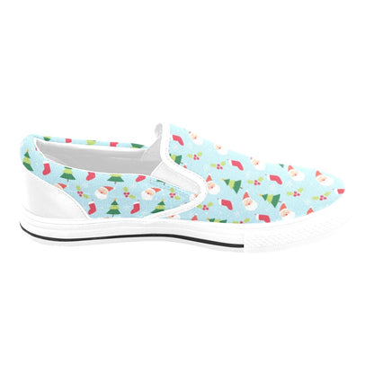 Santa Themed Print Design LKS301 White Slip Ons Canvas Women's Shoes