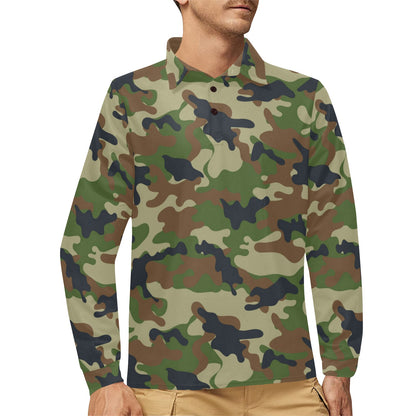 Army Camouflage Pattern Print Design 01 Long Sleeve Polo Shirt For Men's