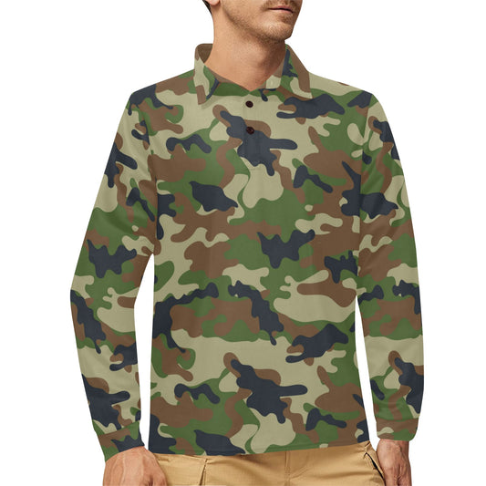 Army Camouflage Pattern Print Design 01 Long Sleeve Polo Shirt For Men's