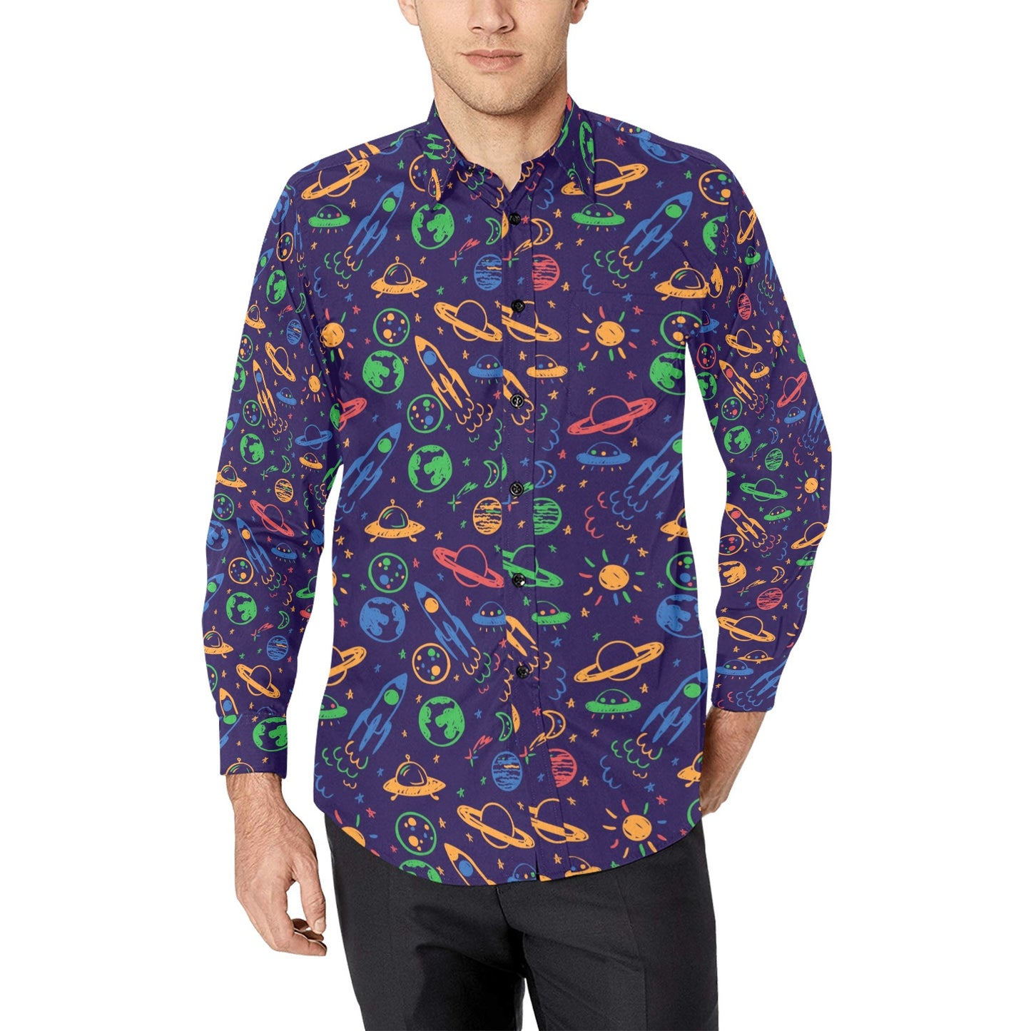 UFO Space Rocket Print Design LKS302 Men's Long Sleeve Dress Shirt