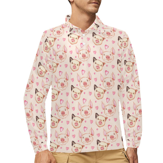 Pig Print Design LKS406 Long Sleeve Polo Shirt For Men's