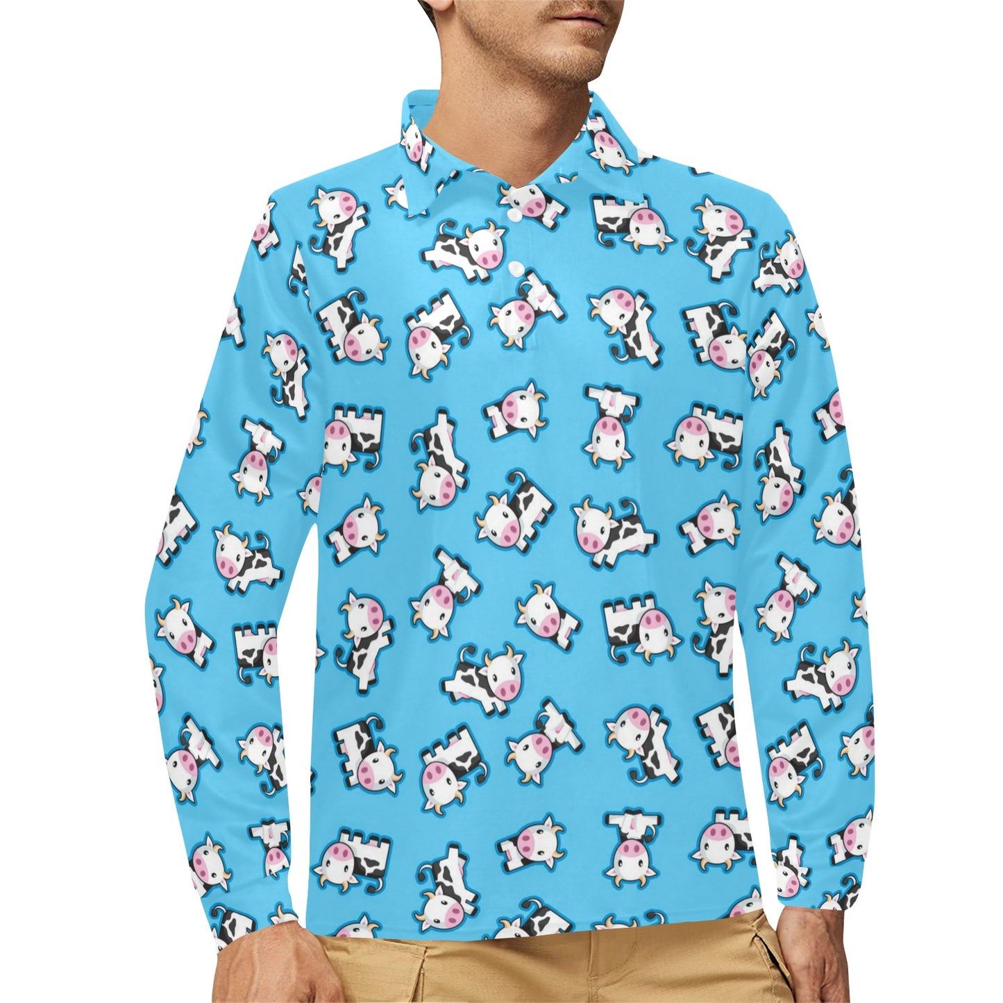 Cow Pattern Print Design 01 Long Sleeve Polo Shirt For Men's