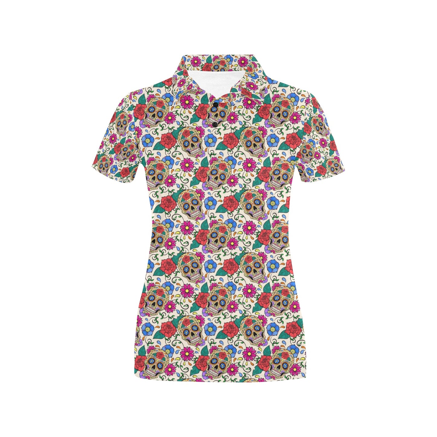Sugar Skull Colorful Themed Print Women's Polo Shirt