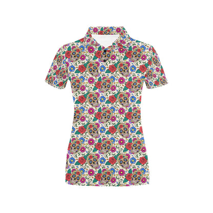 Sugar Skull Colorful Themed Print Women's Polo Shirt