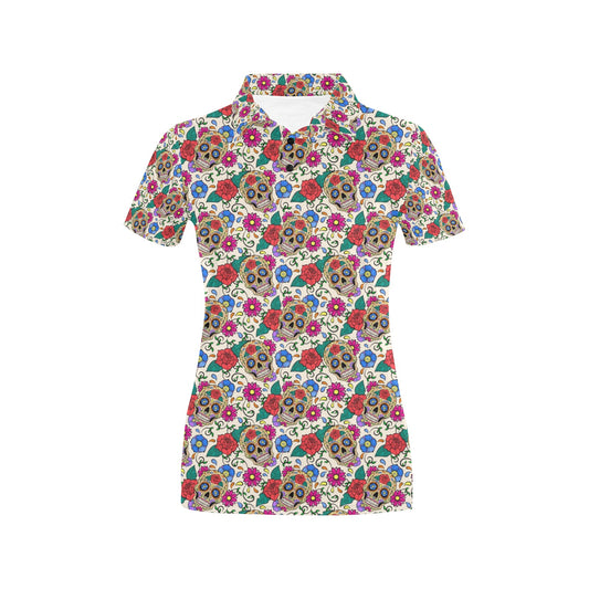 Sugar Skull Colorful Themed Print Women's Polo Shirt