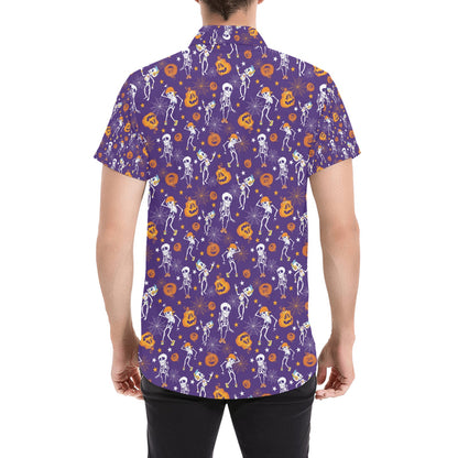 Skeleton Halloween Dance Print Design LKS304 Men Short Sleeve Button Up Shirt