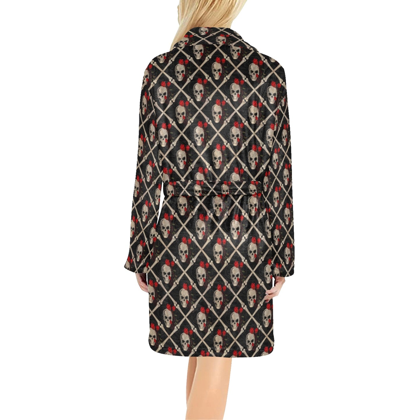 Skull Roses Bone Design Themed Print Women's Fleece Robe