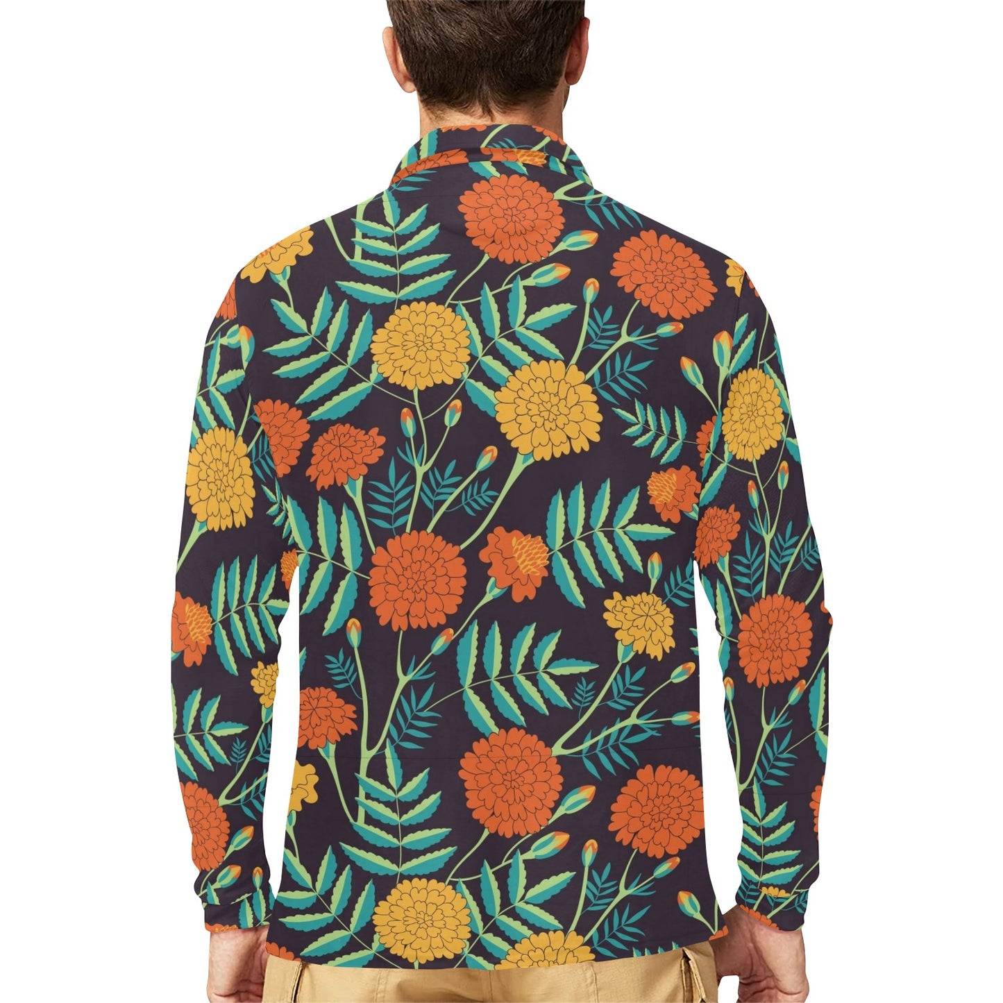 Marigold Pattern Print Design MR01 Long Sleeve Polo Shirt For Men's