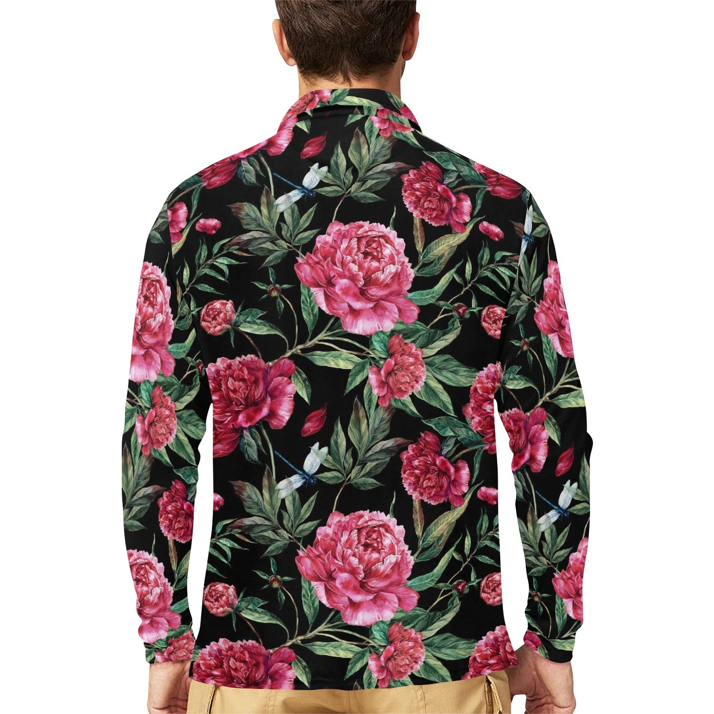 Peony Pattern Print Design PE04 Long Sleeve Polo Shirt For Men's