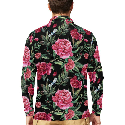 Peony Pattern Print Design PE04 Long Sleeve Polo Shirt For Men's