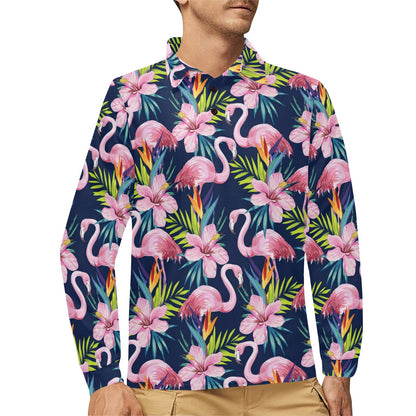 Flamingo Hibiscus Print Long Sleeve Polo Shirt For Men's
