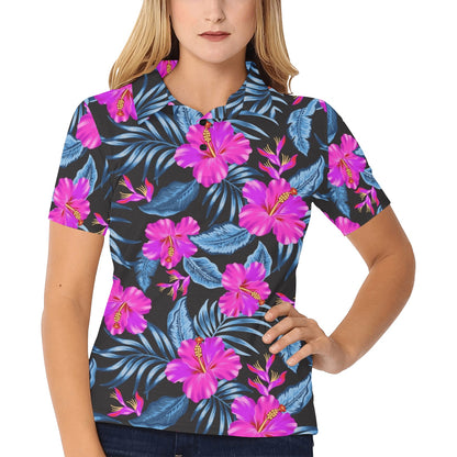 Neon Pink Hibiscus Pattern Print Design HB015 Women's Polo Shirt