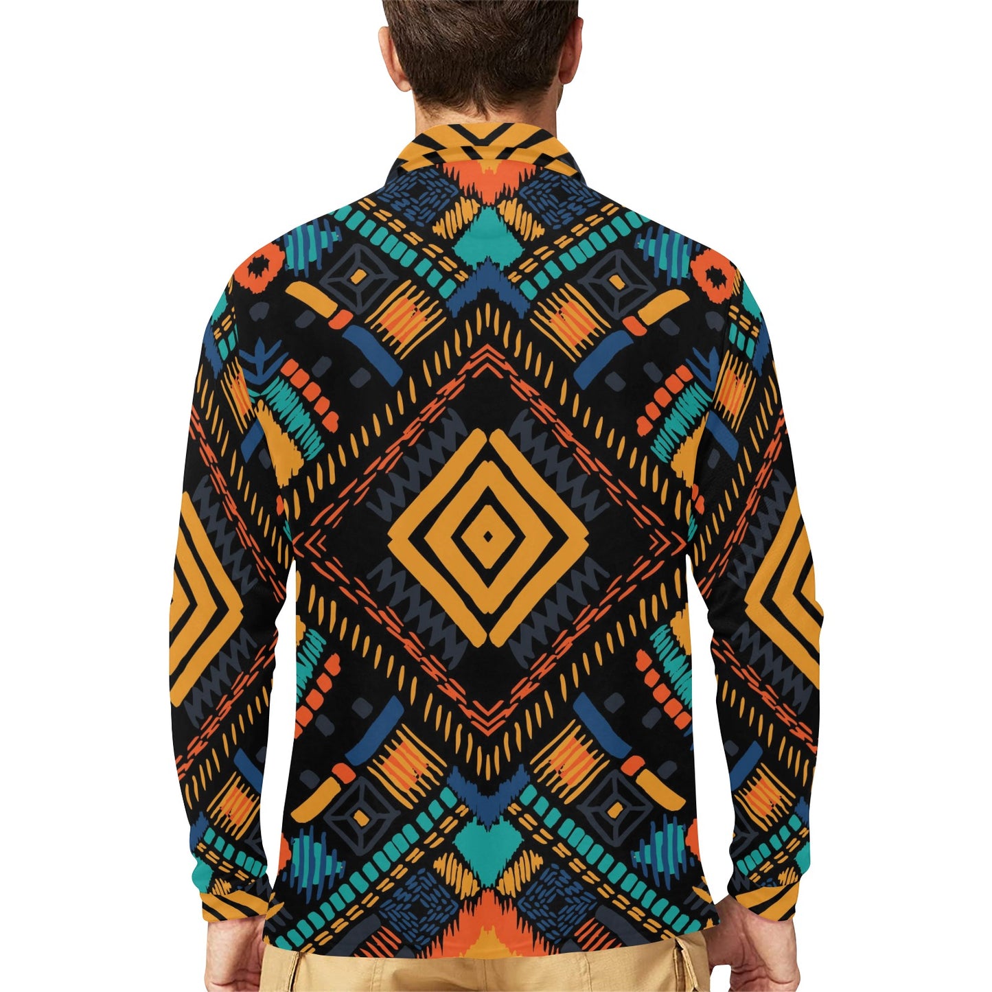 Kente Pattern Print Design 05 Long Sleeve Polo Shirt For Men's