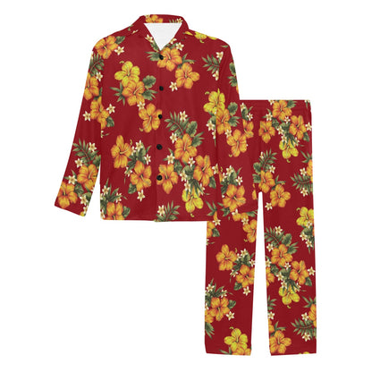 Orange Hibiscus Pattern Print Design HB026 Men's Long Pajama Set