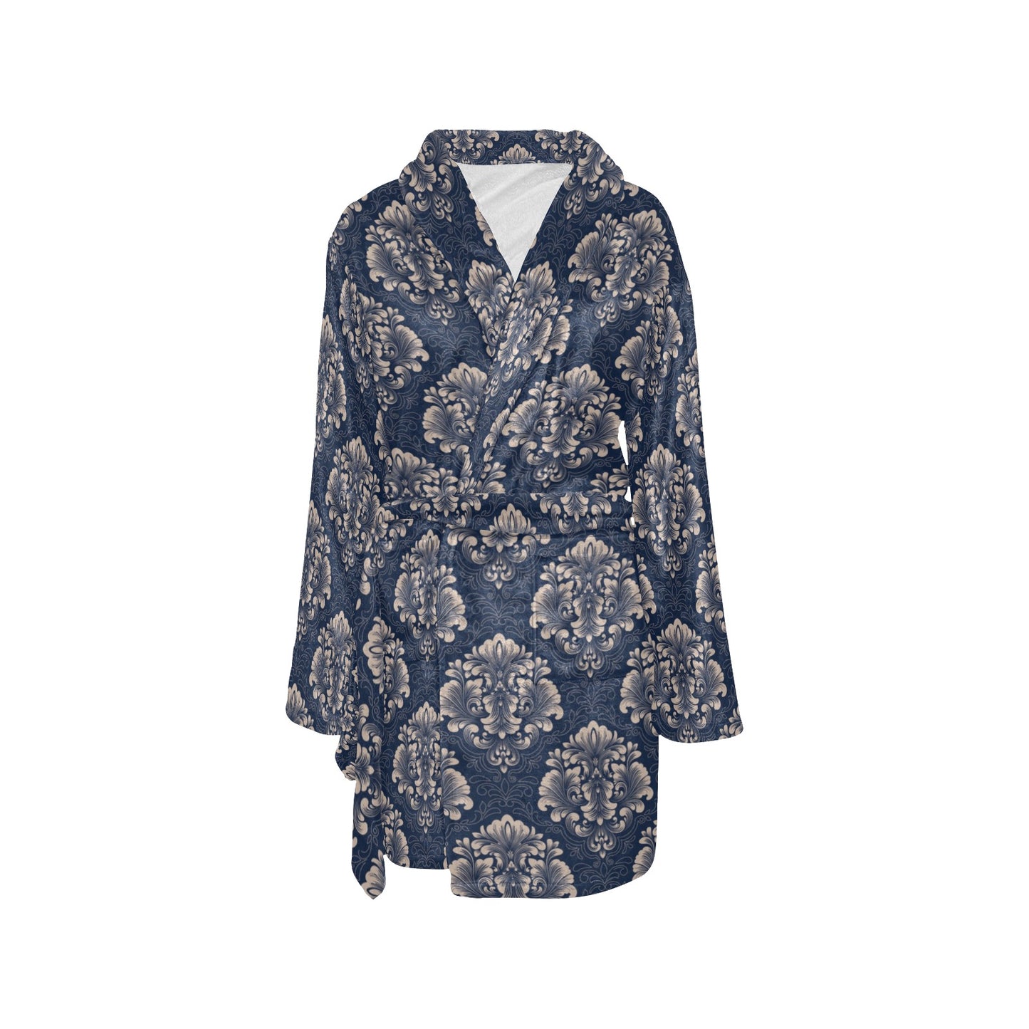 Damask Blue Luxury Print Pattern Women's Fleece Robe