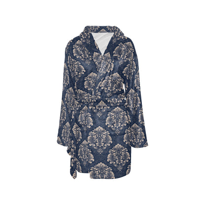 Damask Blue Luxury Print Pattern Women's Fleece Robe