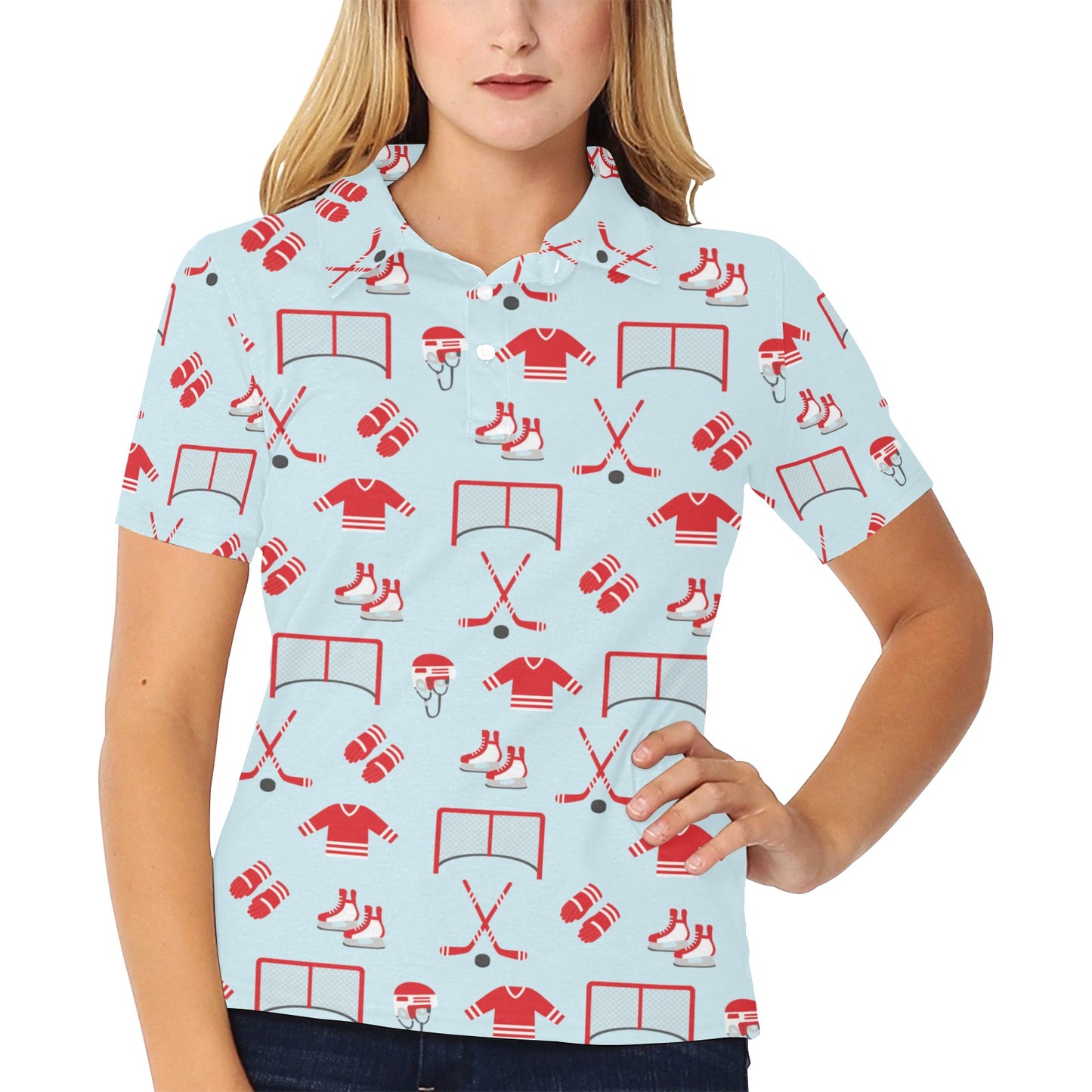 Hockey Red Equipment Print Design LKS305 Women's Polo Shirt