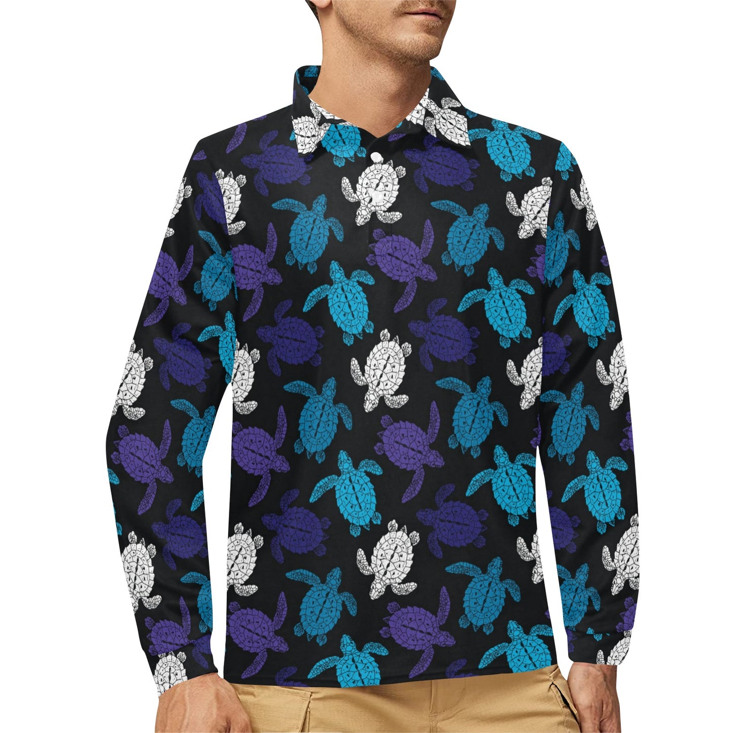 Sea Turtle Print Design LKS306 Long Sleeve Polo Shirt For Men's