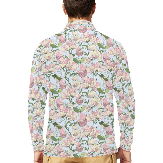 Sweet Pea Print Design LKS304 Long Sleeve Polo Shirt For Men's