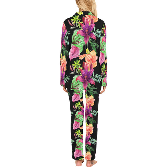 Amaryllis Pattern Print Design AL09 Women's Long Pajama Set