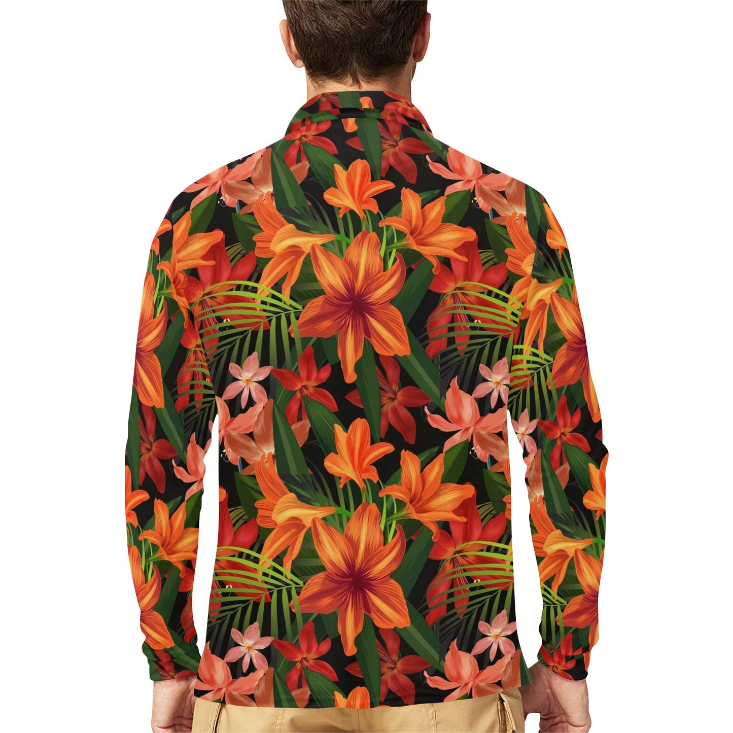 Amaryllis Pattern Print Design AL05 Long Sleeve Polo Shirt For Men's