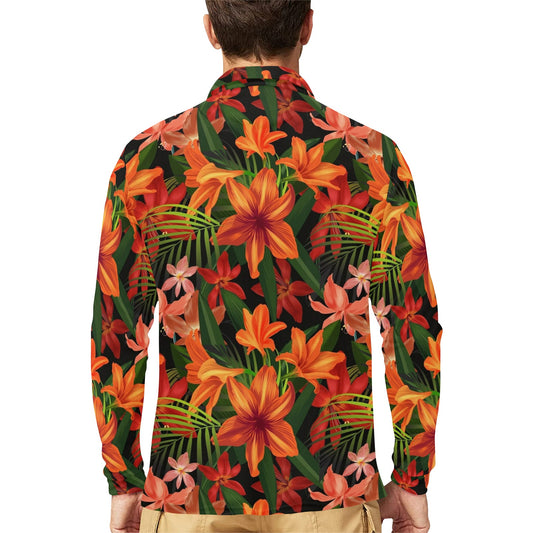 Amaryllis Pattern Print Design AL05 Long Sleeve Polo Shirt For Men's