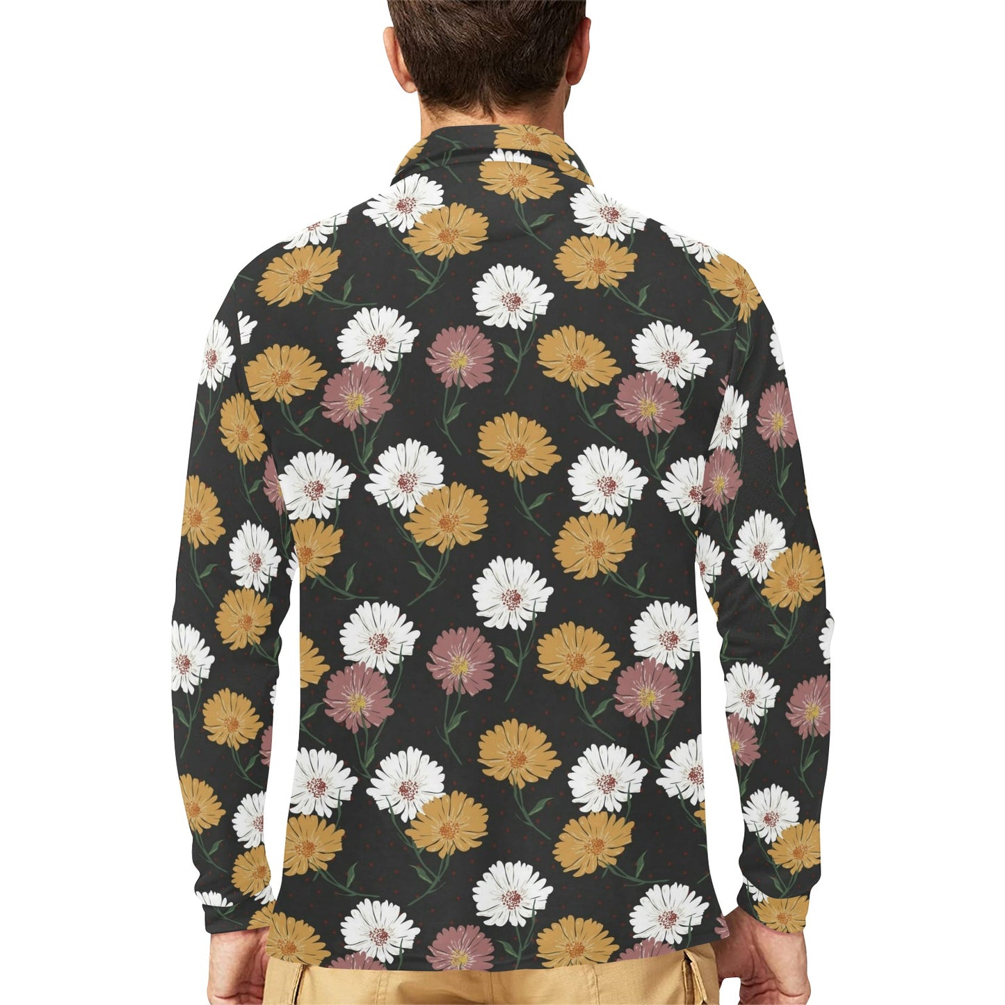 Daisy Pattern Print Design DS04 Long Sleeve Polo Shirt For Men's