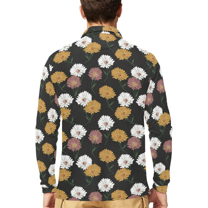 Daisy Pattern Print Design DS04 Long Sleeve Polo Shirt For Men's