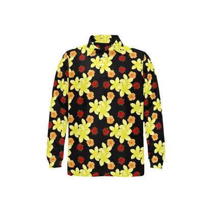 Yellow Plumeria Pattern Print Design PM04 Long Sleeve Polo Shirt For Men's