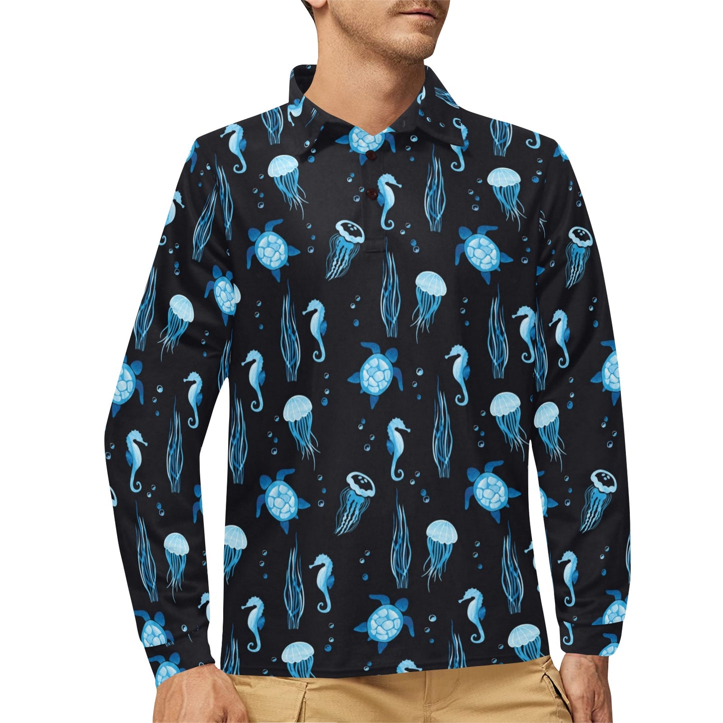 Sea Turtle Jelly Fish Sea Horse Print Design LKS3014 Long Sleeve Polo Shirt For Men's