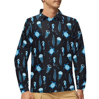 Sea Turtle Jelly Fish Sea Horse Print Design LKS3014 Long Sleeve Polo Shirt For Men's