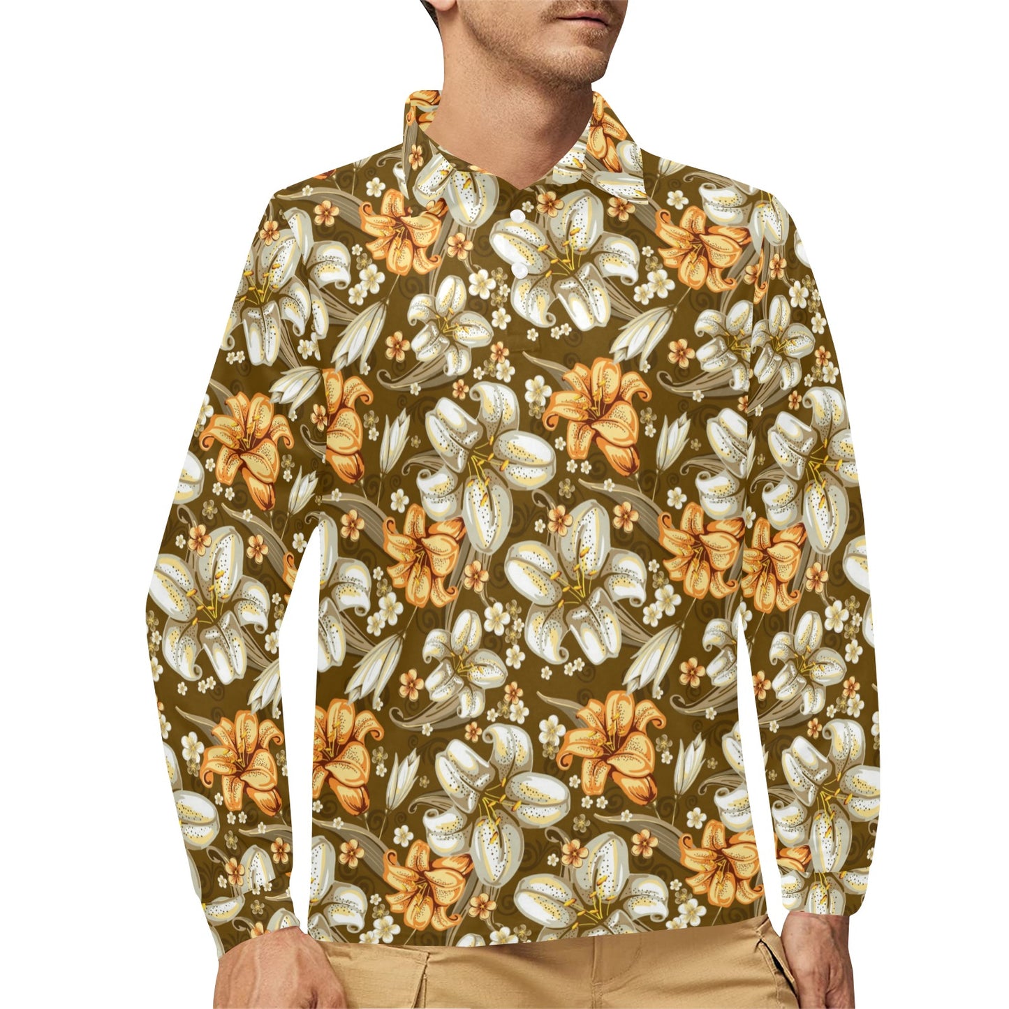Lily Pattern Print Design 01 Long Sleeve Polo Shirt For Men's