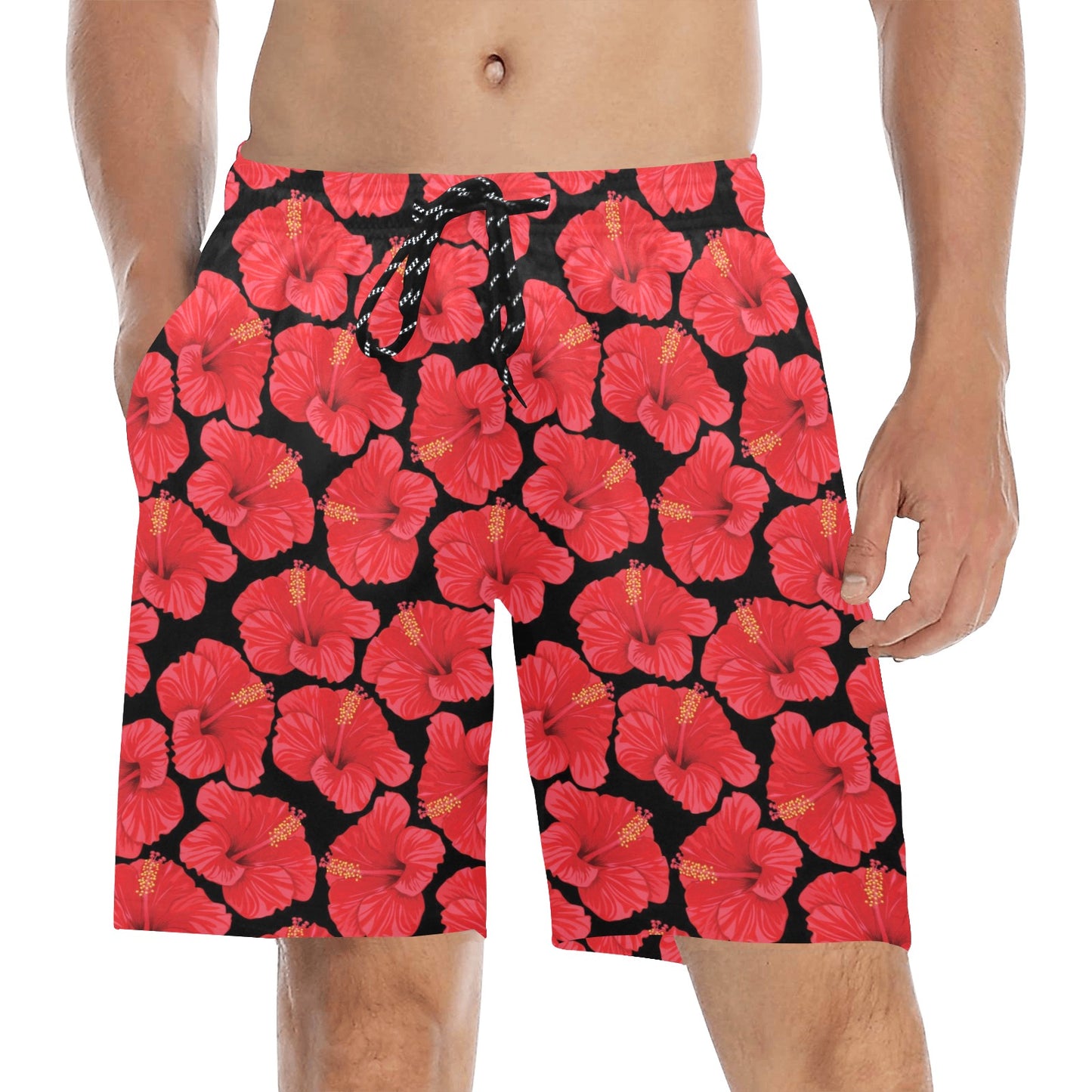 Hibiscus Red Pattern Print Design LKS306 Men's Swim Trunks Beach Shorts